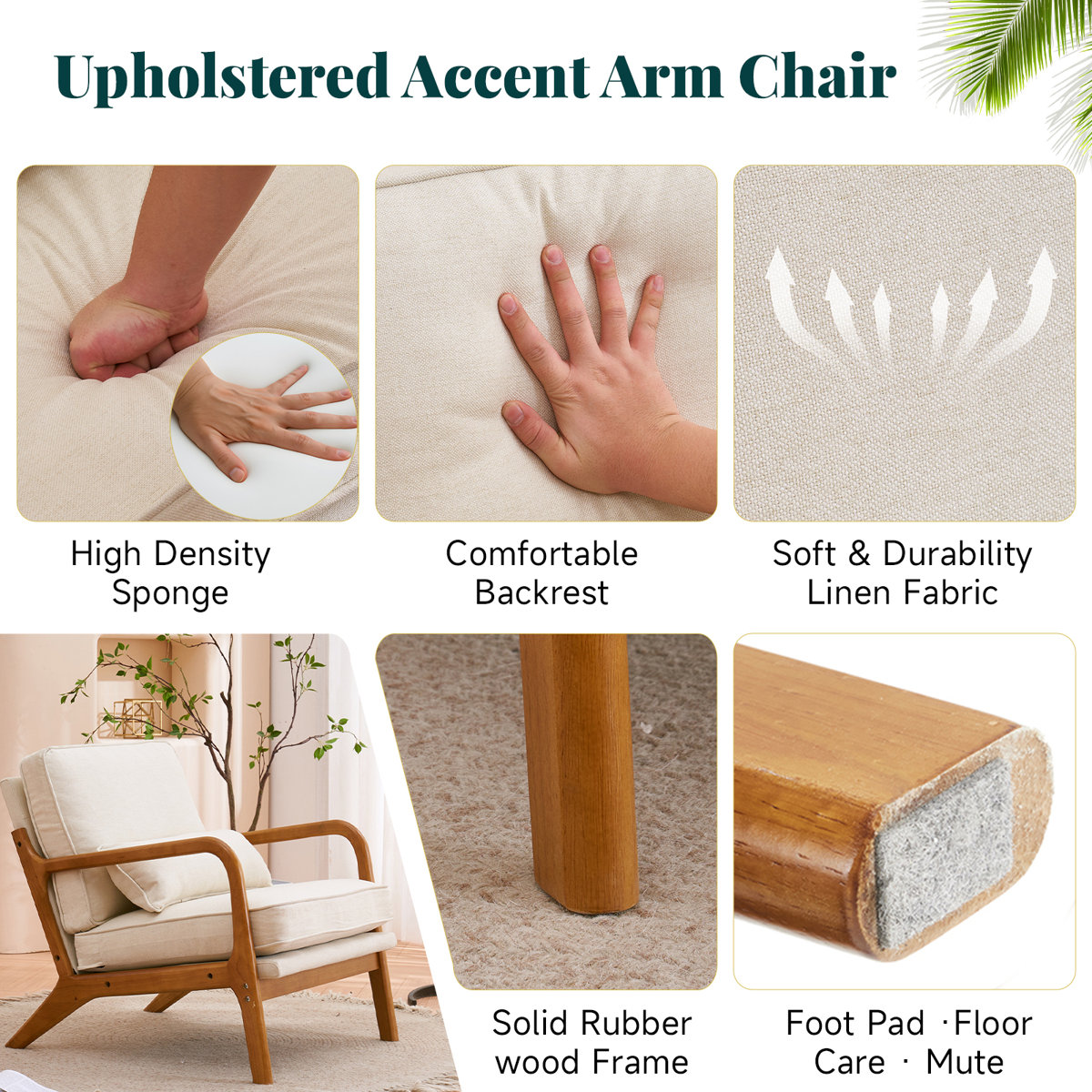 Lemley Mid Century Solid Wood Accent Chair Upholstered Armchair with an Extra Pillow